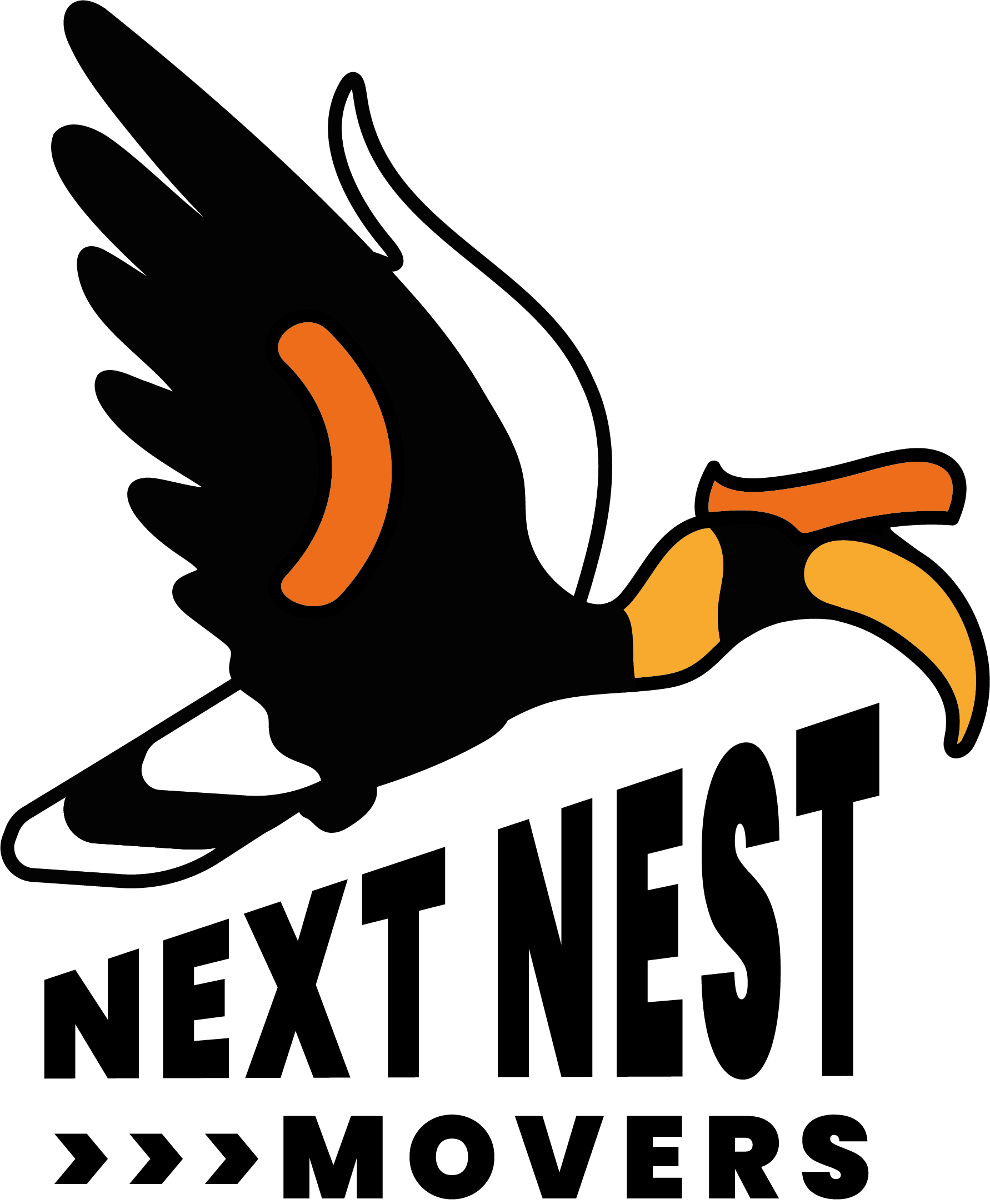 Next Nest Movers logo. Features illustrated Great Hornbill vector mid flight in black, white, orange and yellow. Angled text below reads 'Next Nest Movers'